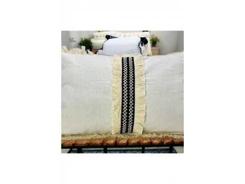 Keten Krem Siyah Şeritli Püsküllü Kırlent Kırlent Kılıfı(35 X 55 )