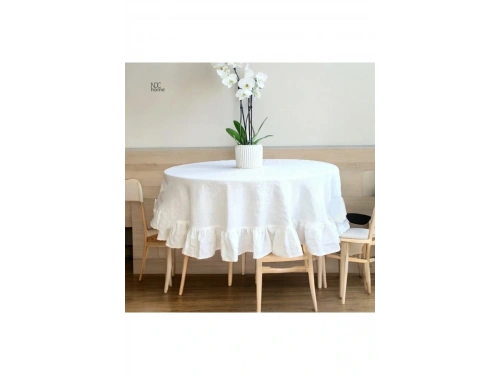Premium Beyaz Keten Fırfırlı Yuvarlak Masa Örtüsü
