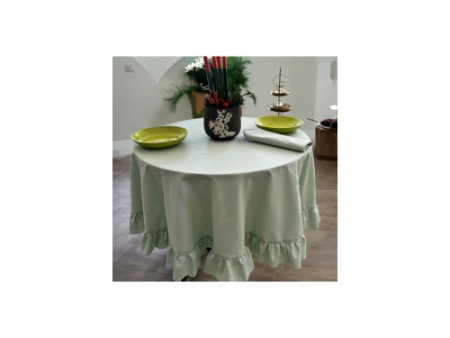 Premium Keten Adaçayı Yeşil FIRFIRLI YUVARLAK Masa Örtüsü
