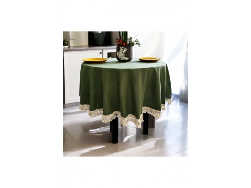 Premium Keten HAKİ Yuvarlak HAM PONPONLU Masa Örtüsü