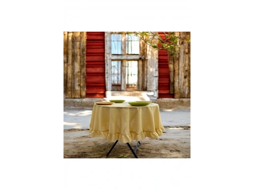 Sarı Keten Fırfırlı Yuvarlak Masa Örtüsü