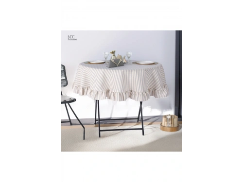 Gri Çizgili Keten YUVARLAK FIRFIRLI Masa Örtüsü