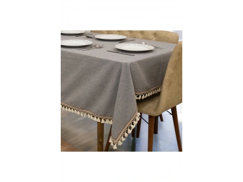 Gri Antrasit Pamuk Keten Şerit Ponponlu Masa Örtüsü
