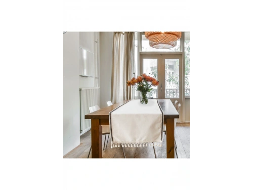 Ham Keten Siyah Şeritli Ponponlu 50 X 150 Cm. Krem Runner.