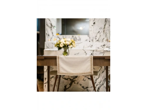 Özel Tasarım Organik Keten Krem Kum Rengi Dantelli Runner Masa Örtüsü 45 X 150