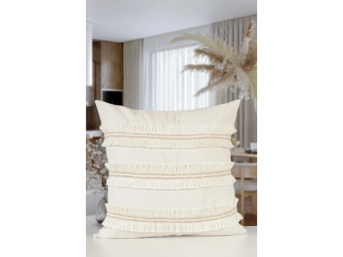 Özel Tasarım Jütlü Püsküllü Tekli Keten Krem Kırlent Kılıfı( 45 X 45)