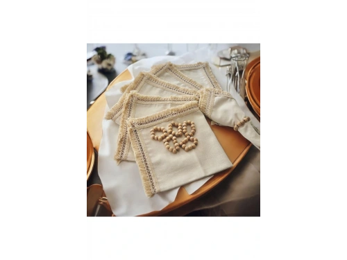 Organik Ham Keten Pasalı Saçaklı 6lı Ahsap Toka Hediyeli 40 X 40 Peçete Takımı