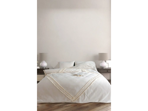 Ham Keten Baklava Desen Çift Ponponlu Tek Kişilik Nevresim Takımı