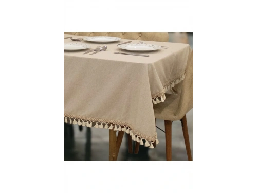 Bej Pamuk Keten Kahverengi Şerit Ponponlu Masa Örtüsü