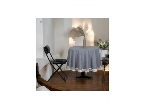 Gri Antrasit Keten Yuvarlak Masa Örtüsü (ham Ponponlu)