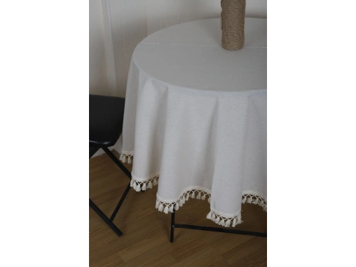 Beyaz Pamuk Keten Yuvarlak Ham Ponponlu Masa Örtüsü