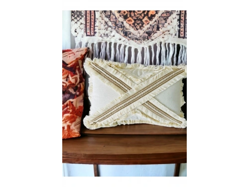 Çapraz Çoklu Püsküllü Keten Krem Kırlent Kırlent Kılıfı (35 x 55)