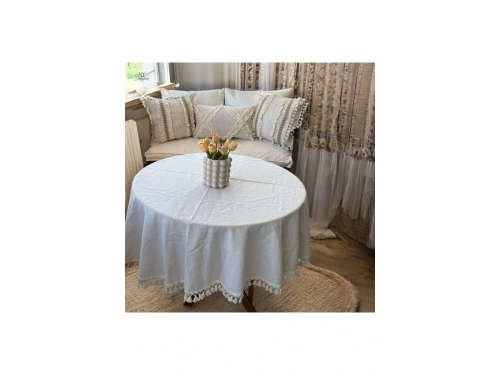 YUVARLAK Ham Keten Krem Ponponlu Masa Örtüsü