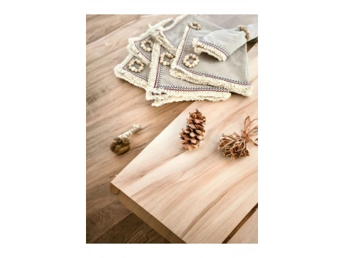 6LI Bej Keten Püsküllü (AHŞAP TOKA HEDİYELİ) Peçete takımı