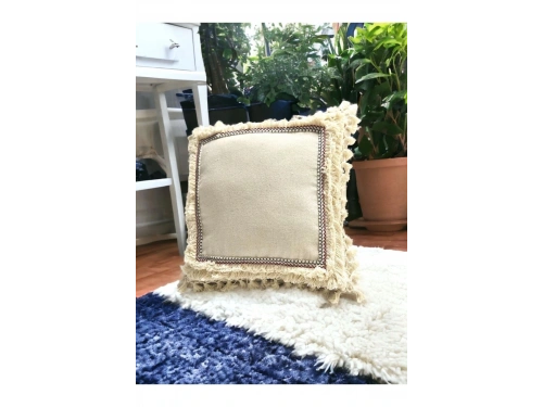 Dört Kenar Püsküllü Keten Krem Kırlent Kırlent Kılıfı43x43][