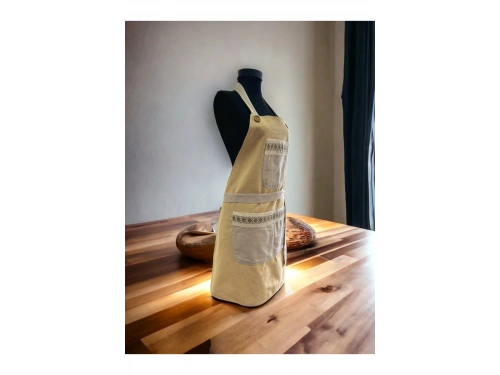 Sarı Renk Bej Cepli Keten Modern Etnik Tarz Çift Katlı Mutfak Önlüğü