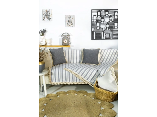 Gri Çizgili Otantik Keten Koltuk Örtüsü