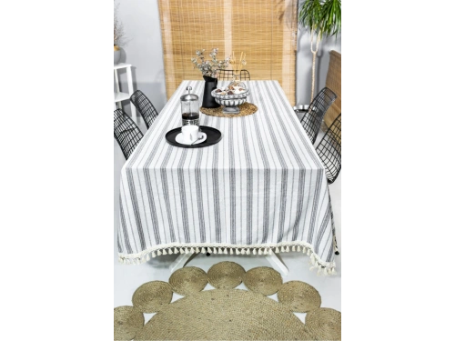 Gri Çizgili HAM Ponponlu Masa Örtüsü
