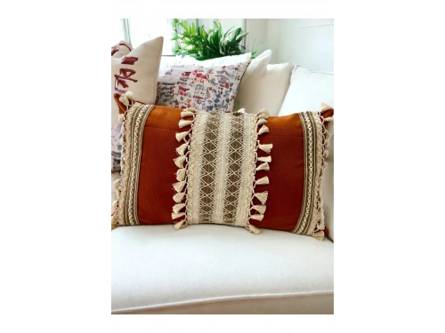 Kiremit Rengi Üçlü Kahve Dantelli Kırlent Kırlent Kılıfı