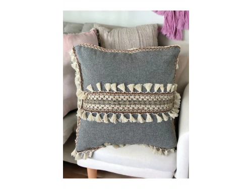 Antrasit Şeritli Ponponlu Kırlent Kırlent Kılıfı(43x43)