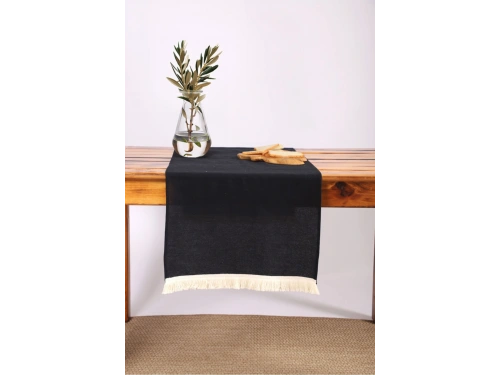 Premium Keten Siyah Püsküllü Runner Masa Örtüsü(45 x 150)