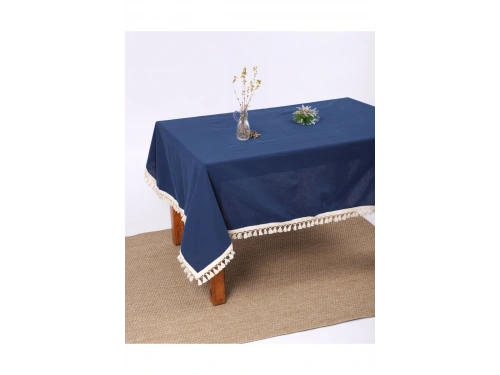 Premium Keten Lacivert Ponponlu Masa Örtüsü
