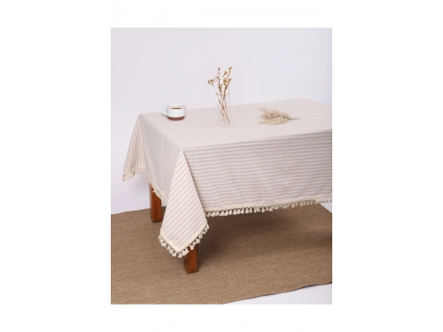 Bej Çizgili Keten Ponponlu Masa Örtüsü