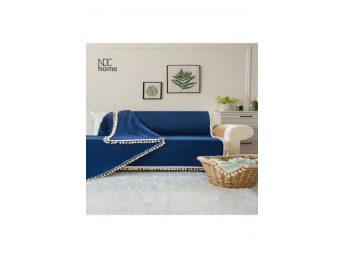 Premium Keten Lacivert  Ponponlu  Koltuk Örtüsü (170 x 220)