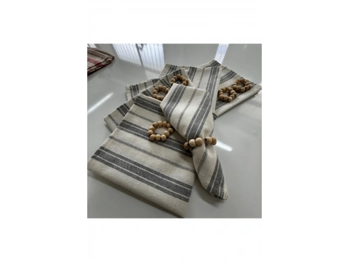 Gri Kalın Çizgili Keten 6lı Peçete Takımı (Toka Hediyeli)
