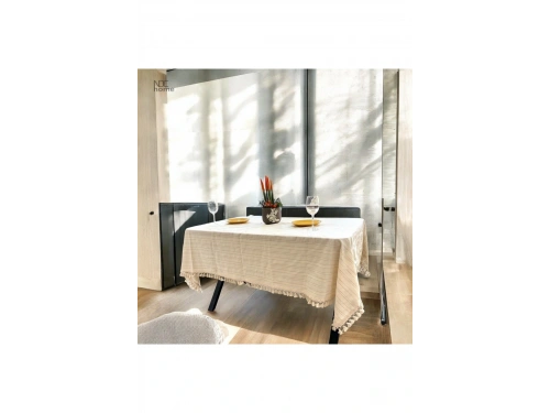 Buldan Dokuması Çizgili Krem Keten Ponponlu Masa Örtüsü