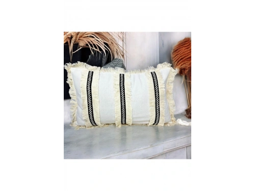 Keten Krem Üç Püsküllü Kırlent Kırlent Kılıfı (35 x 55)