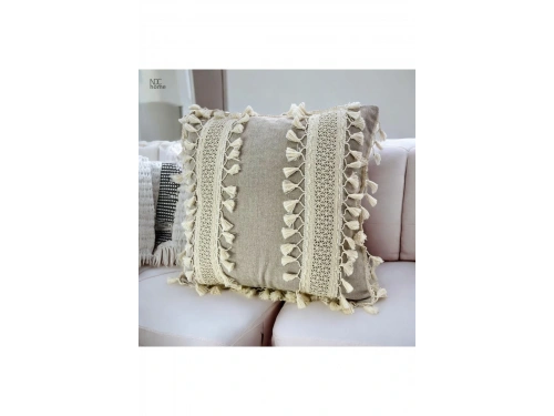 Bej Keten Kalın Dantel Ponponlu Kırlent Kırlent Kılıfı(43 X 43)