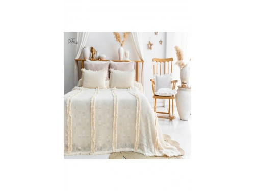 Krem Örgü Dantelli Ve Püsküllü Çift Kişilik Yatak Örtüsü (220 x 240)