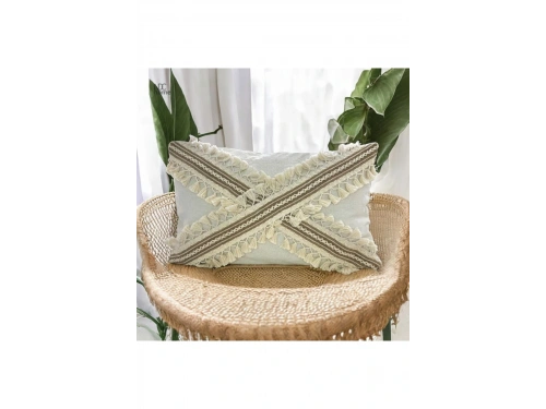 Ham Keten Krem Çapraz Kahve Dantelli Ponponlu Kırlent Kırlent Kılılfı  (35 x 55)