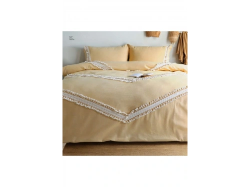 Sarı Renkli Pamuk Çift Ponponlu Battal Boy Nevresim Seti