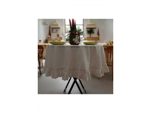 Ham Keten Krem FIRFIRLI Yuvarlak Masa Örtüsü