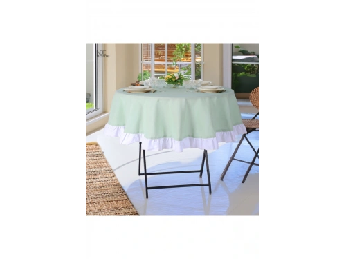 Yeşil Keten YUVARLAK (Beyaz) FIRFIRLI Masa Örtüsü