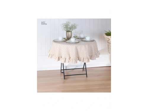Sütlü Kahve Çizgili Keten YUVARLAK FIRFIRLI Masa Örtüsü
