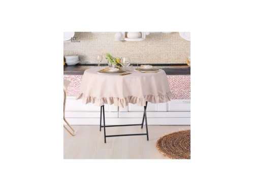 Bej Keten Yuvarlak Firfirli Masa Örtüsü