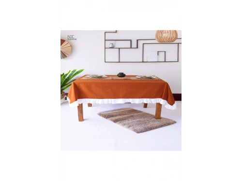 Tarçın Keten BEYAZ FIRFIRLI Masa Örtüsü