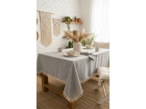 Gri Piti Kare 6lı Peçeteli Masa Örtüsü