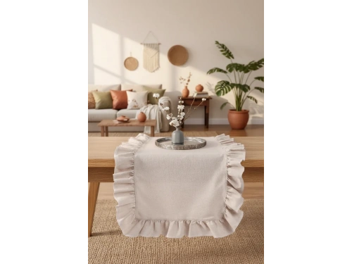 Fırfırlı BEJ Keten Runner Masa Örtüsü