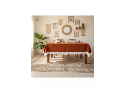 Tarçın Keten BEYAZ FIRFIRLI Masa Örtüsü