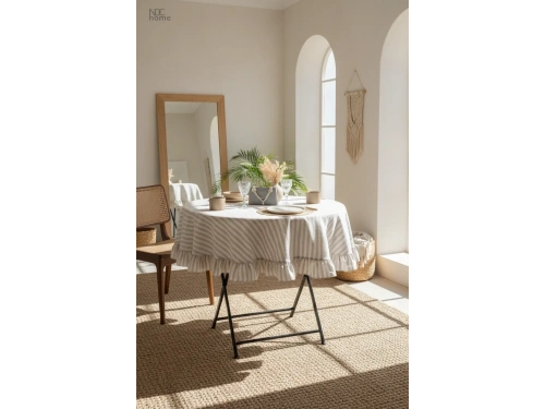 Gri Çizgili Keten YUVARLAK FIRFIRLI Masa Örtüsü