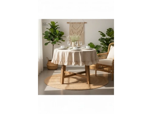 Sütlü Kahve Çizgili Keten YUVARLAK FIRFIRLI Masa Örtüsü