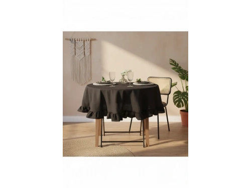Siyah Keten YUVARLAK FIRFIRLI Masa Örtüsü