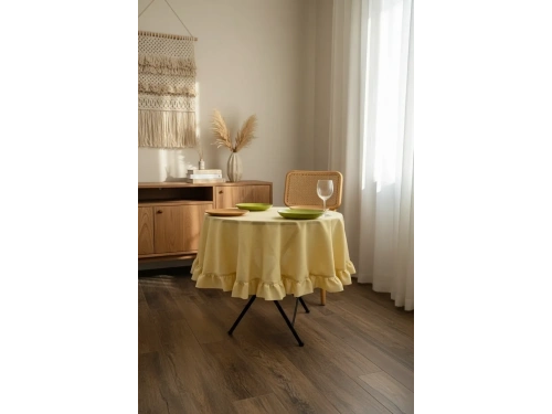 Sarı Keten Fırfırlı Yuvarlak Masa Örtüsü