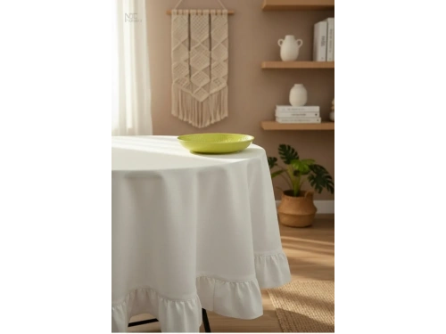 Ham Keten Krem FIRFIRLI Yuvarlak Masa Örtüsü