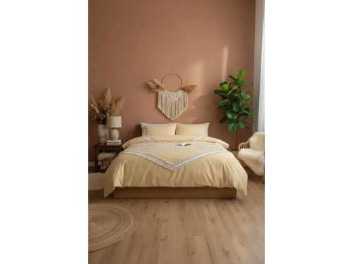 Sarı Renkli Pamuk Çift Ponponlu Battal Boy Nevresim Seti