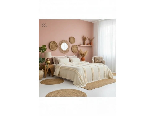 Krem Örgü Dantelli Ve Püsküllü Çift Kişilik Yatak Örtüsü (220 x 240)